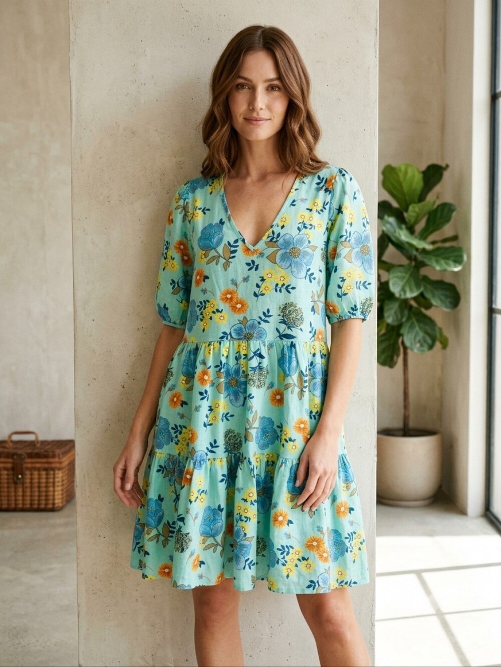 Ana Light Blue Floral V-Neck Tiered Women's Dress, Size Large